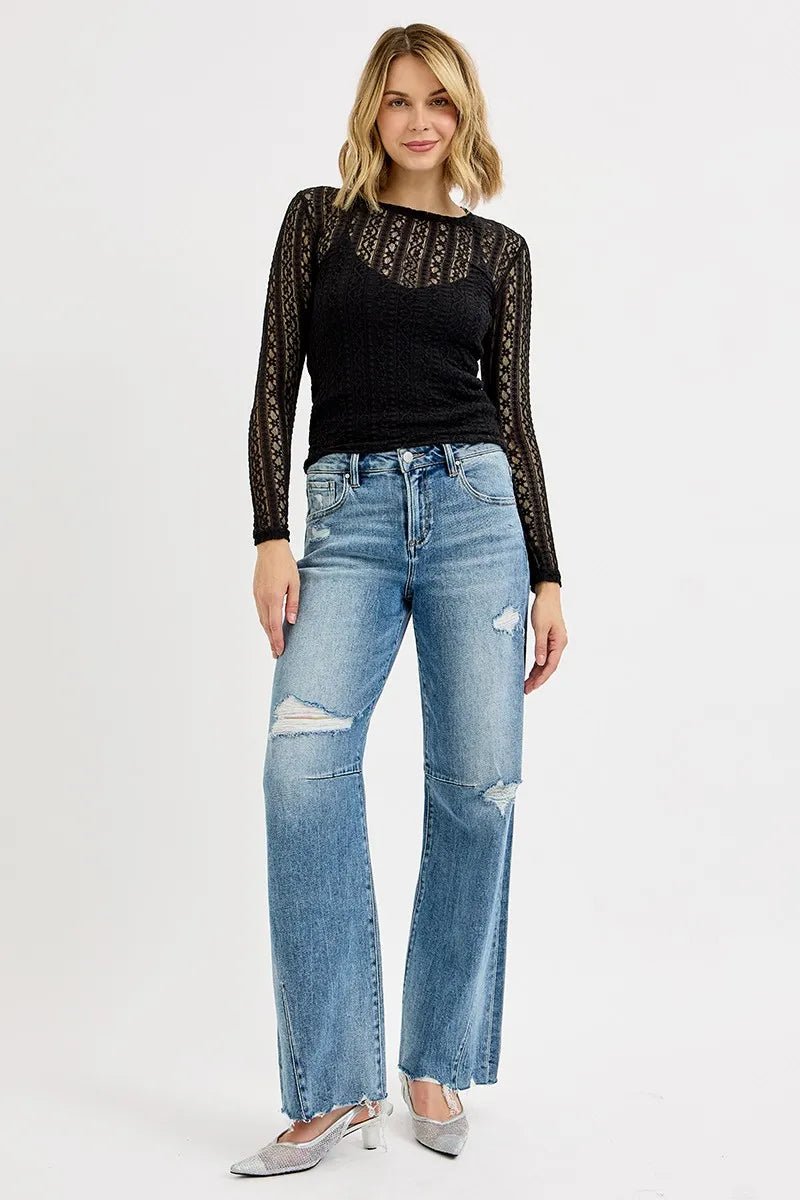 RISEN Mid Rise Fit Wide Baggy Leg Tie Washed Jeans - Jennie Dots