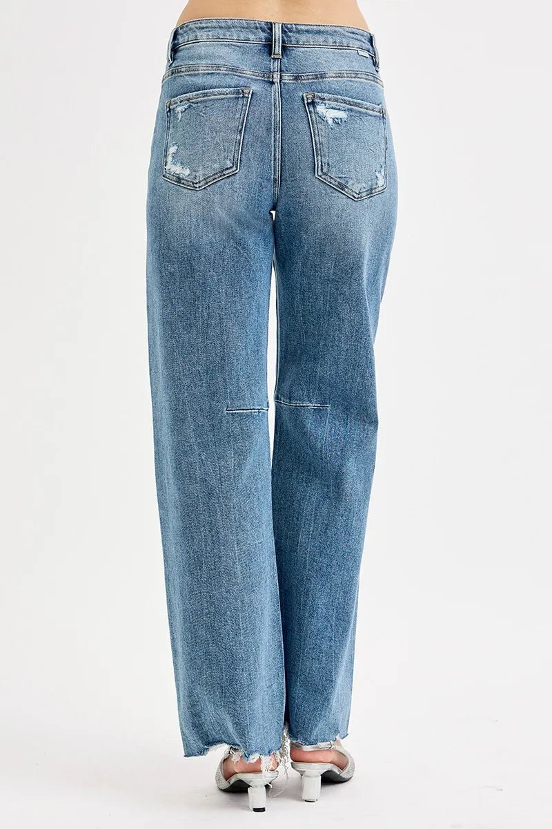 RISEN Mid Rise Fit Wide Baggy Leg Tie Washed Jeans - Jennie Dots