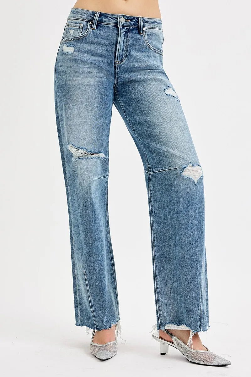 RISEN Mid Rise Fit Wide Baggy Leg Tie Washed Jeans - Jennie Dots