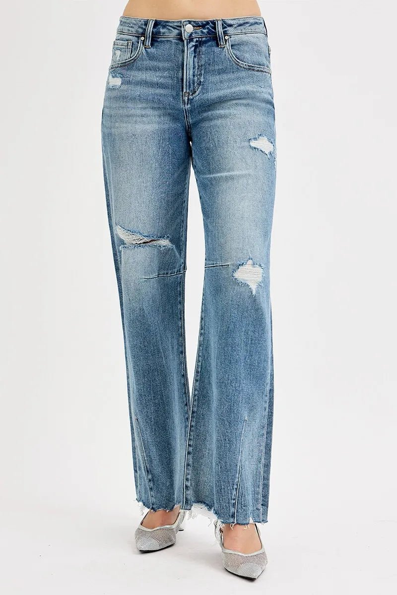 RISEN Mid Rise Fit Wide Baggy Leg Tie Washed Jeans - Jennie Dots