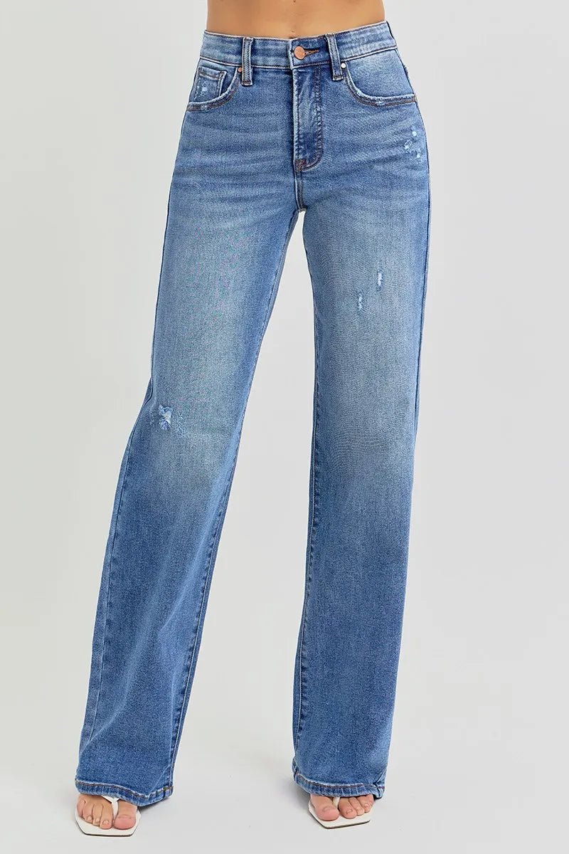 RISEN Tummy Control Elastic Band High Rise Wide Jeans - Jennie Dots
