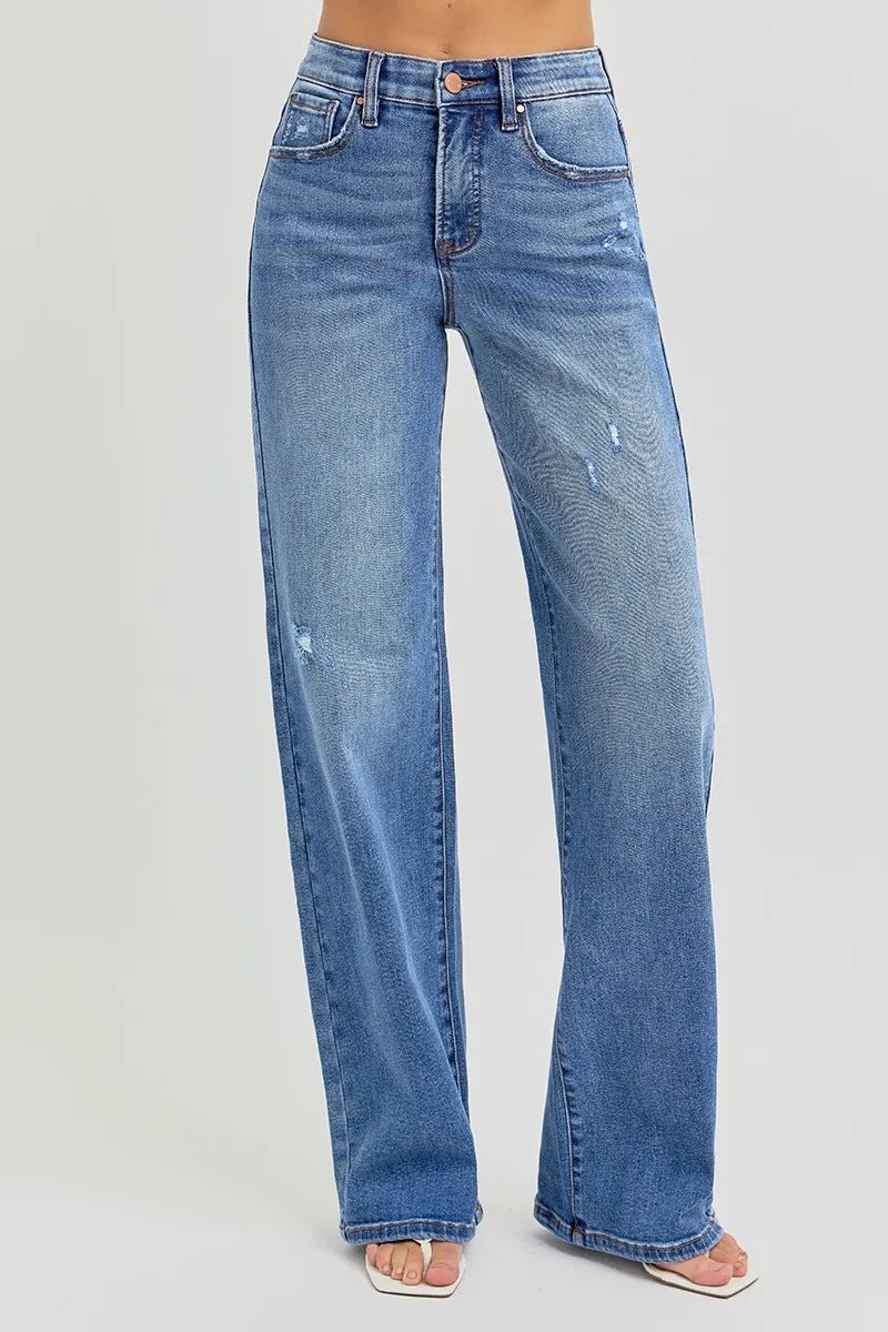RISEN Tummy Control Elastic Band High Rise Wide Jeans - Jennie Dots