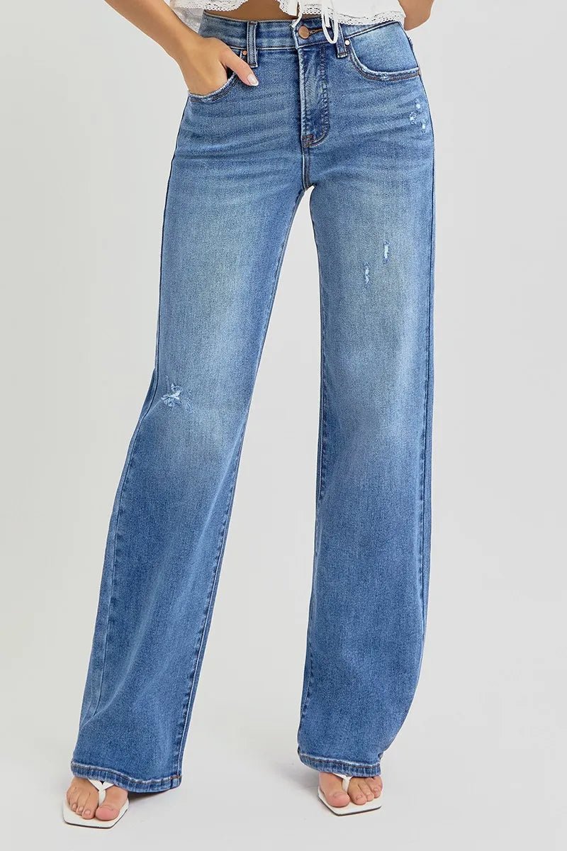 RISEN Tummy Control Elastic Band High Rise Wide Jeans - Jennie Dots