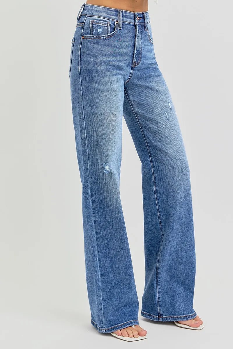 RISEN Tummy Control Elastic Band High Rise Wide Jeans - Jennie Dots