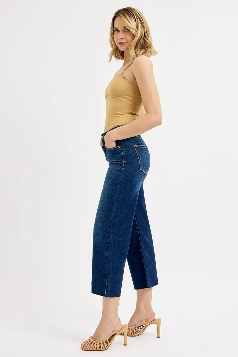 RISEN Tummy Control High Rise Crop Wide Jeans - Jennie Dots
