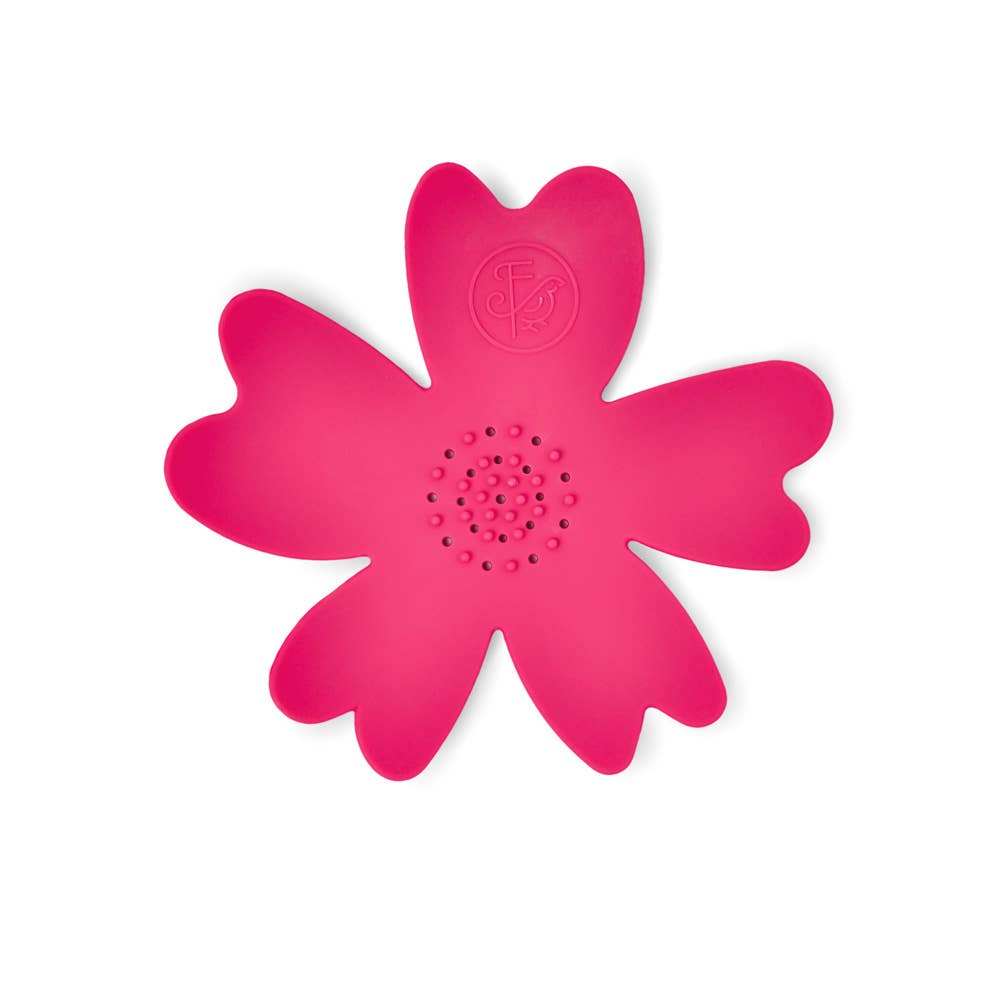 Dark pink silicone soap dish shaped like a flower, part of the Rosey Posey 3 Pc Bath & Body Gift Set.