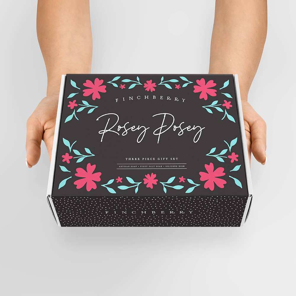 Rosey Posey 3 Pc Bath & Body Gift Set in gift box with floral design.