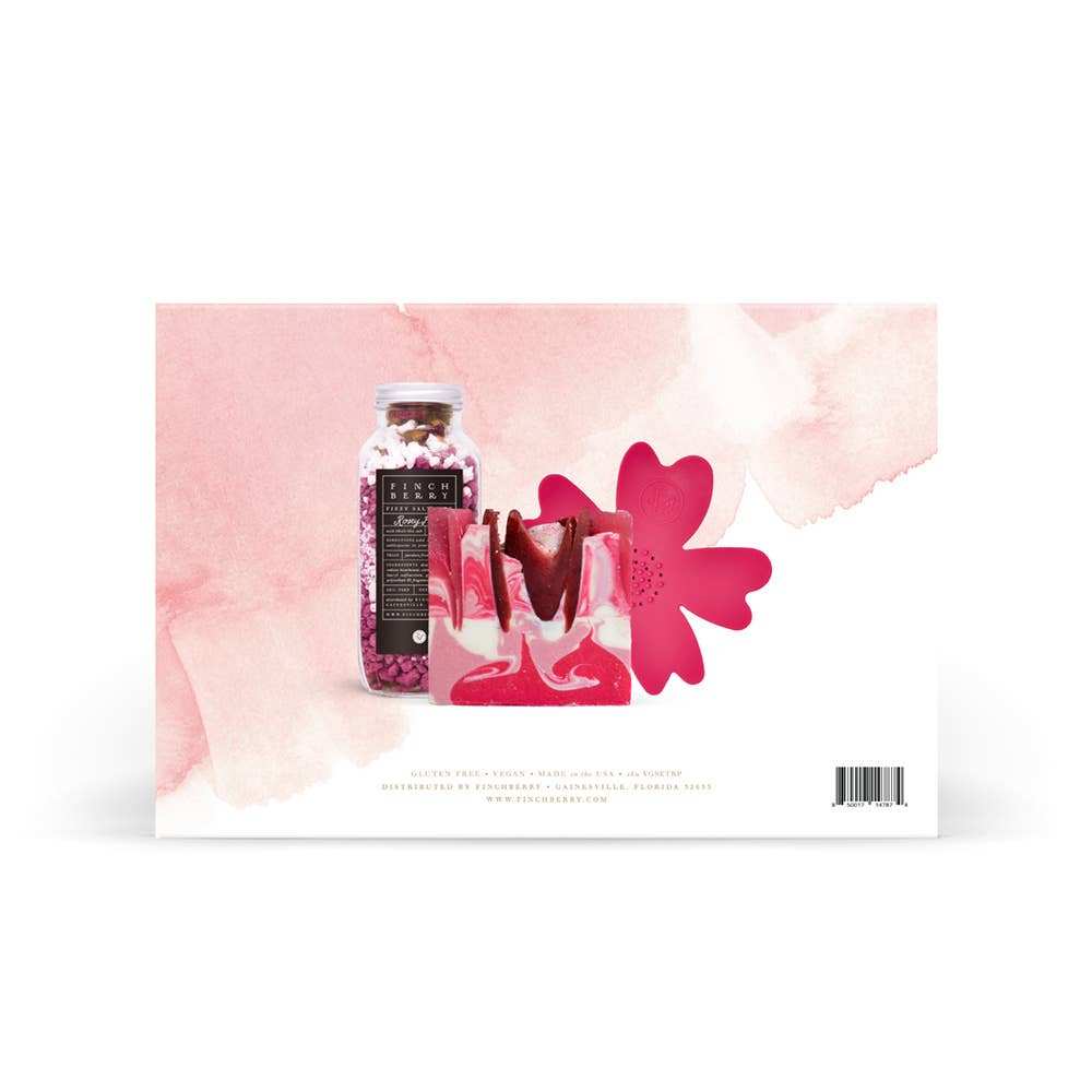 Rosey Posey 3 Pc Bath & Body Gift Set with salt soak, soap bar, and pink silicone dish in gift box.