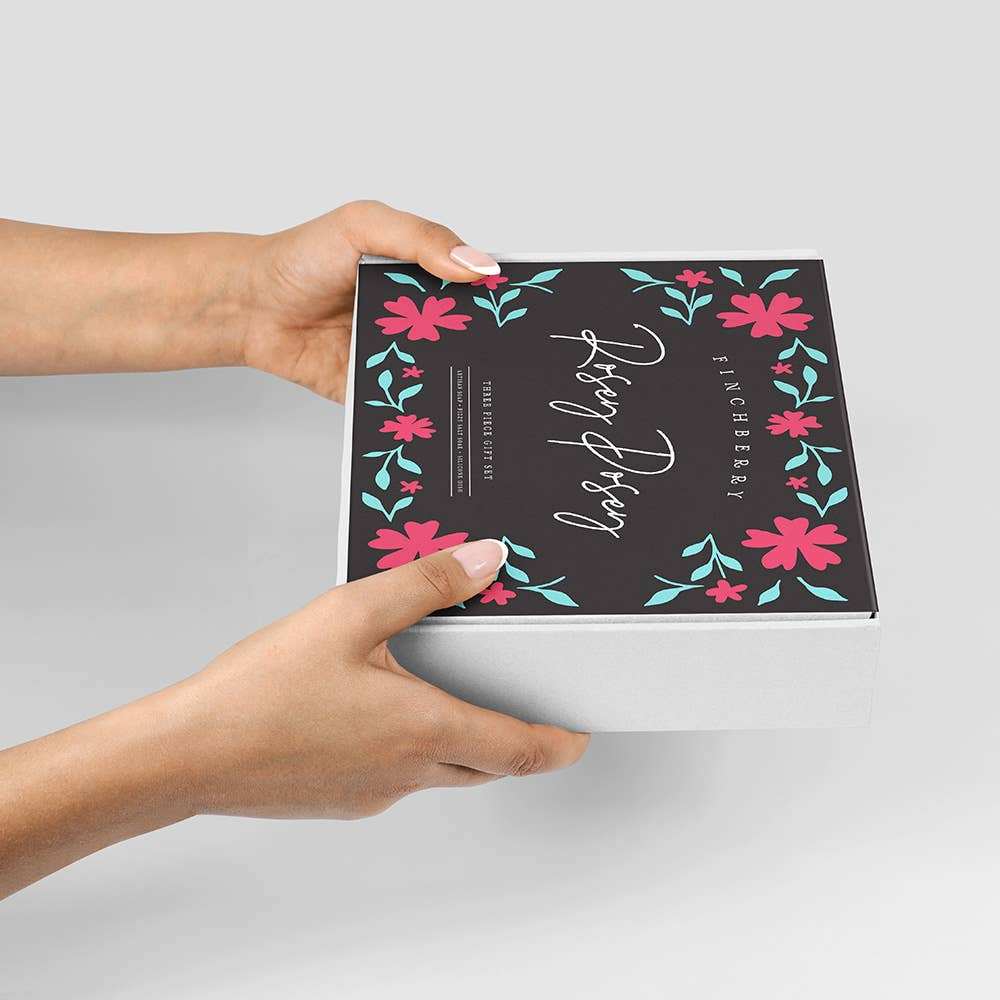 Rosey Posey 3 Pc Bath & Body Gift Set in decorative box with floral design and black sleeve.