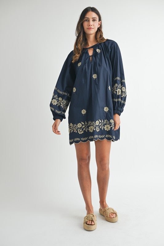 Sample - The Embroidered Long Sleeve Peasant Mini Dress - Jennie Dots