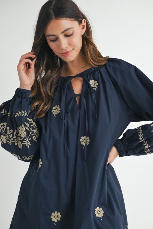 Sample - The Embroidered Long Sleeve Peasant Mini Dress - Jennie Dots