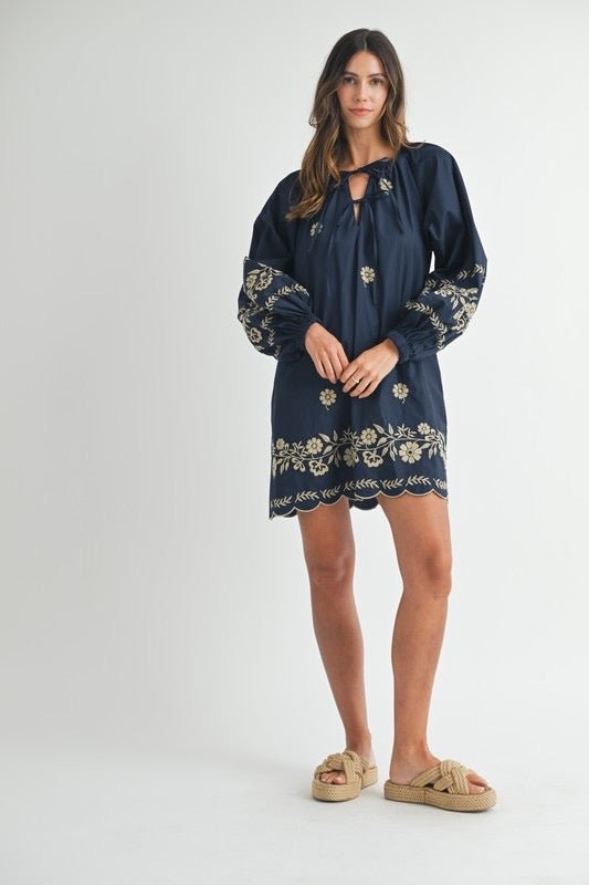 Sample - The Embroidered Long Sleeve Peasant Mini Dress - Jennie Dots