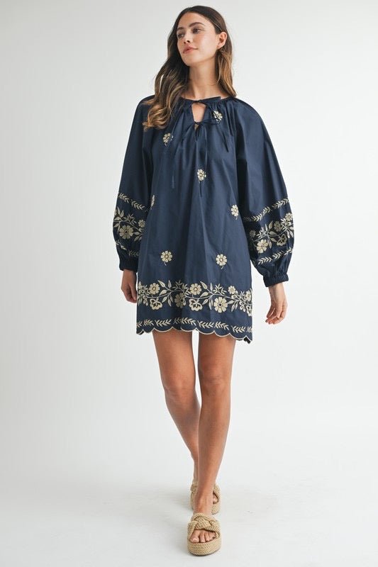Sample - The Embroidered Long Sleeve Peasant Mini Dress - Jennie Dots