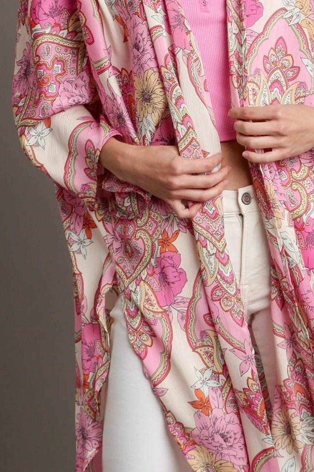 Sample - Umgee Mixed Print Open Front Kimono with Ruffle Sleeves - Jennie Dots
