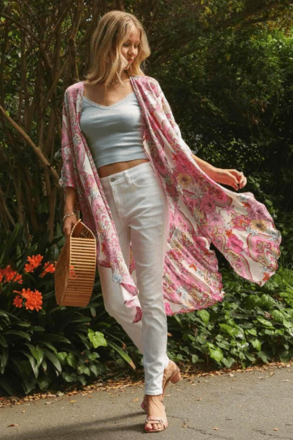 Sample - Umgee Mixed Print Open Front Kimono with Ruffle Sleeves - Jennie Dots
