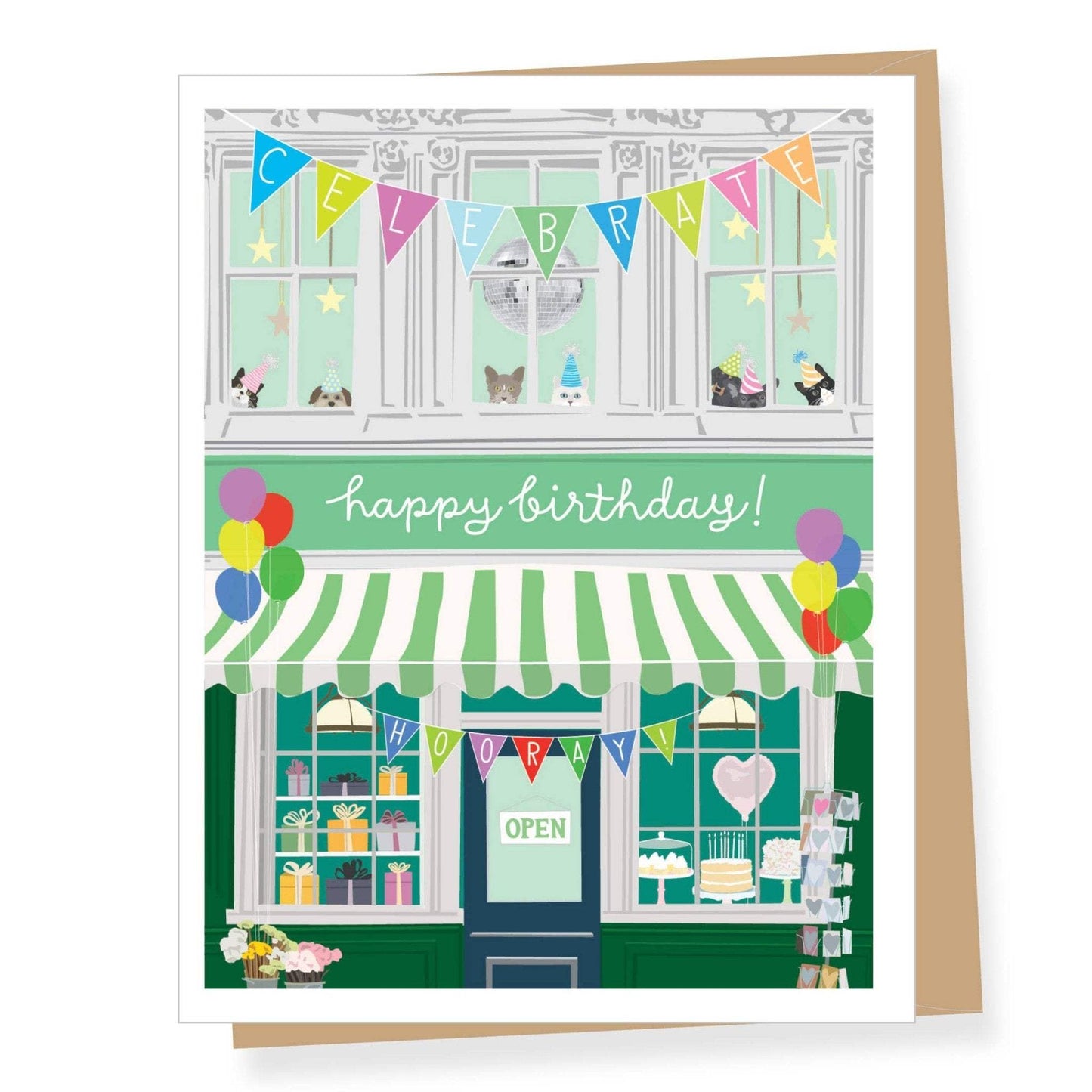 Second Floor Disco party birthday card with colorful banners and disco theme, printed on premium recycled paper.