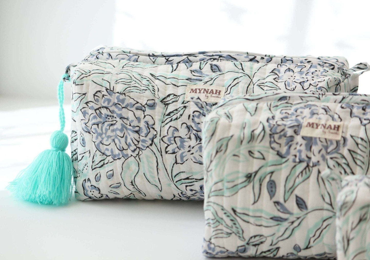 Set of 3 handmade hydrangea motif bags with waterproof lining.