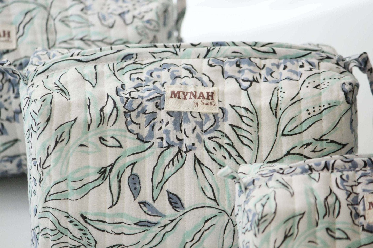 Set of 3 handmade hydrangea motif bags with waterproof lining.