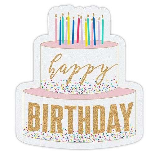 Birthday cake shaped napkin with colorful design and gold foil "happy birthday" lettering.