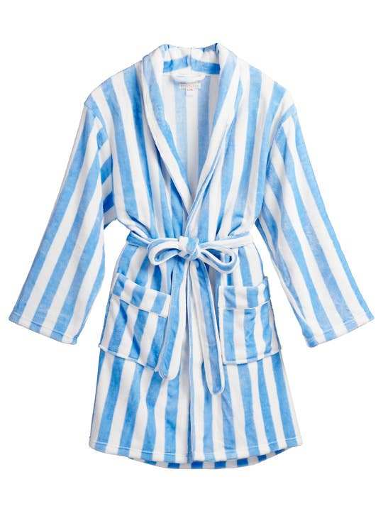 Sky blue and white striped plush bath robe with belted waist and front pockets.
