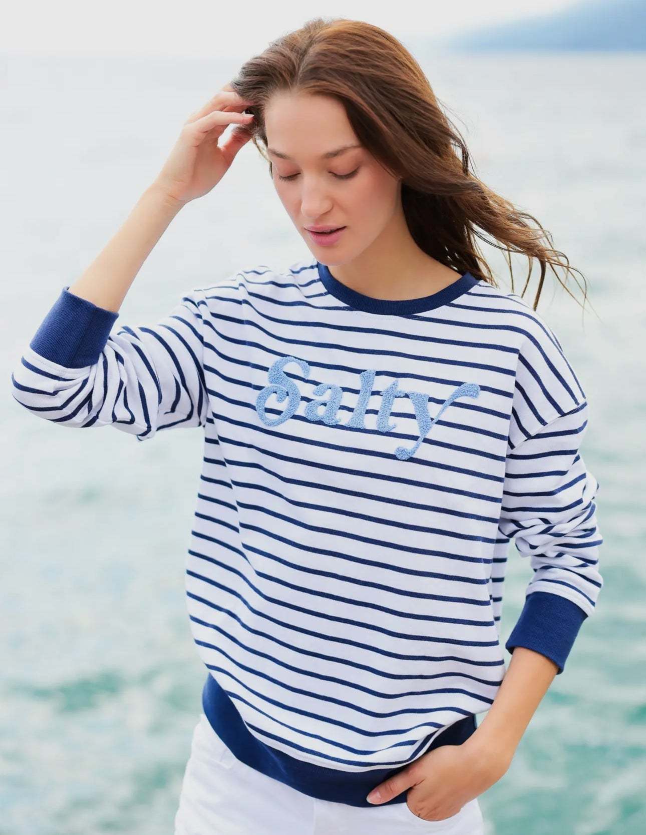 Shiraleah navy stripe "Salty" sweatshirt with chenille-textured detail, perfect for seaside or casual wear.