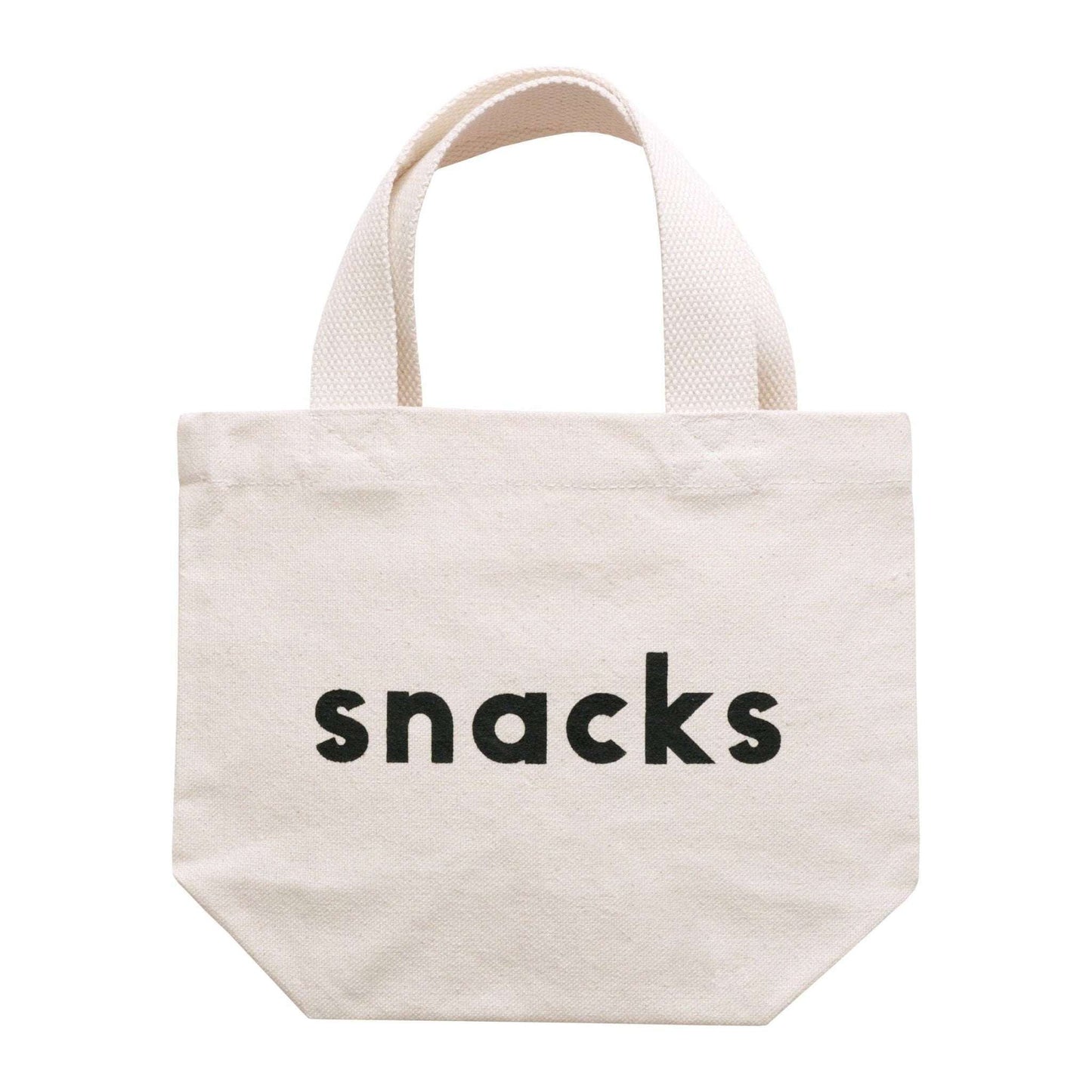 Natural canvas tote bag for kids with "Snacks" print, perfect for storing lunches and snacks.