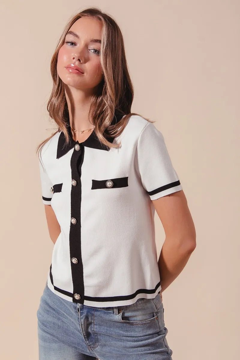 SO ME Button Down Knitted Sweater Shirt Top - Jennie Dots