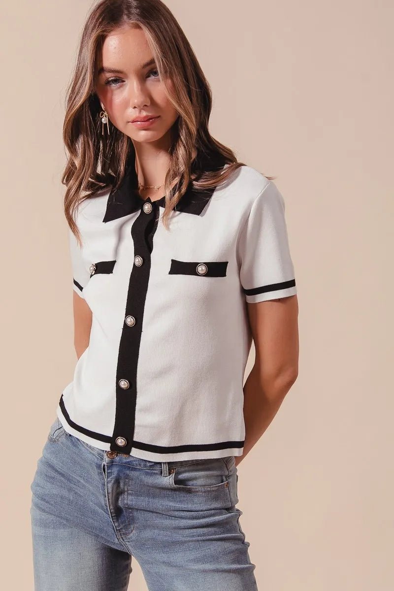 SO ME Button Down Knitted Sweater Shirt Top - Jennie Dots