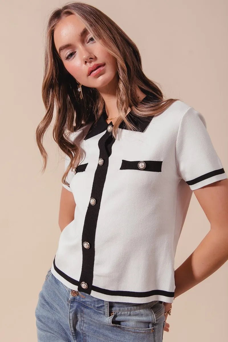 SO ME Button Down Knitted Sweater Shirt Top - Jennie Dots