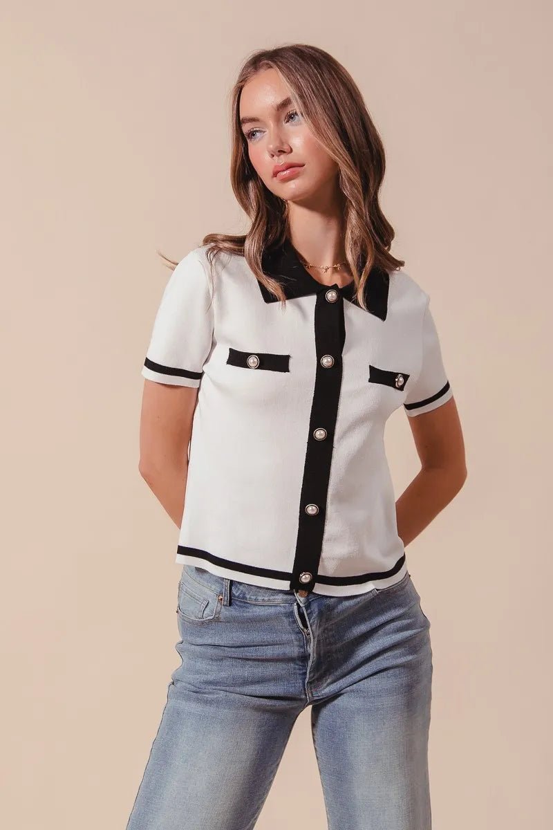 SO ME Button Down Knitted Sweater Shirt Top - Jennie Dots
