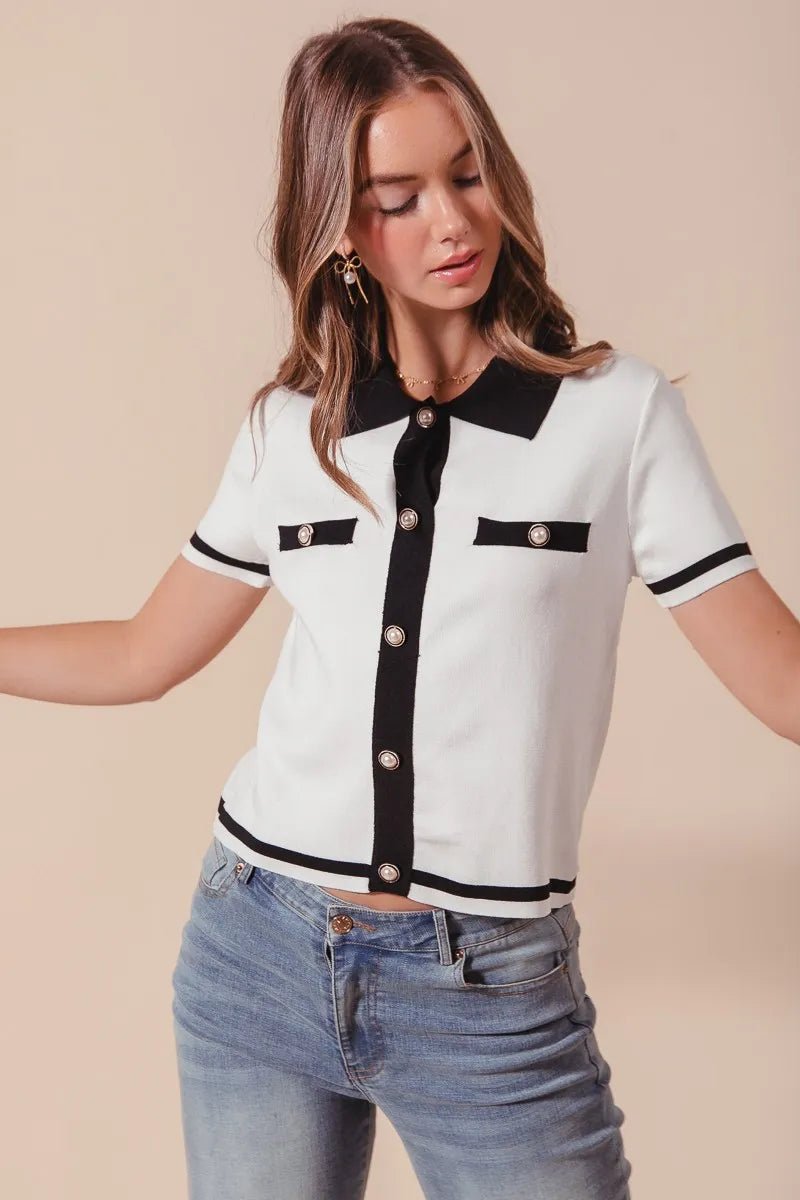 SO ME Button Down Knitted Sweater Shirt Top - Jennie Dots