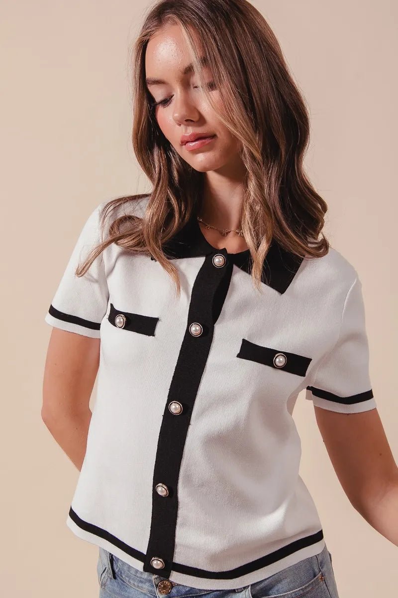 SO ME Button Down Knitted Sweater Shirt Top - Jennie Dots