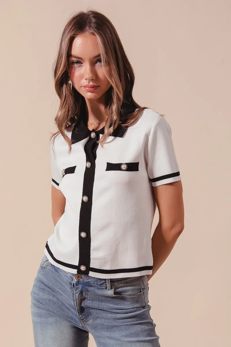 SO ME Button Down Knitted Sweater Shirt Top - Jennie Dots