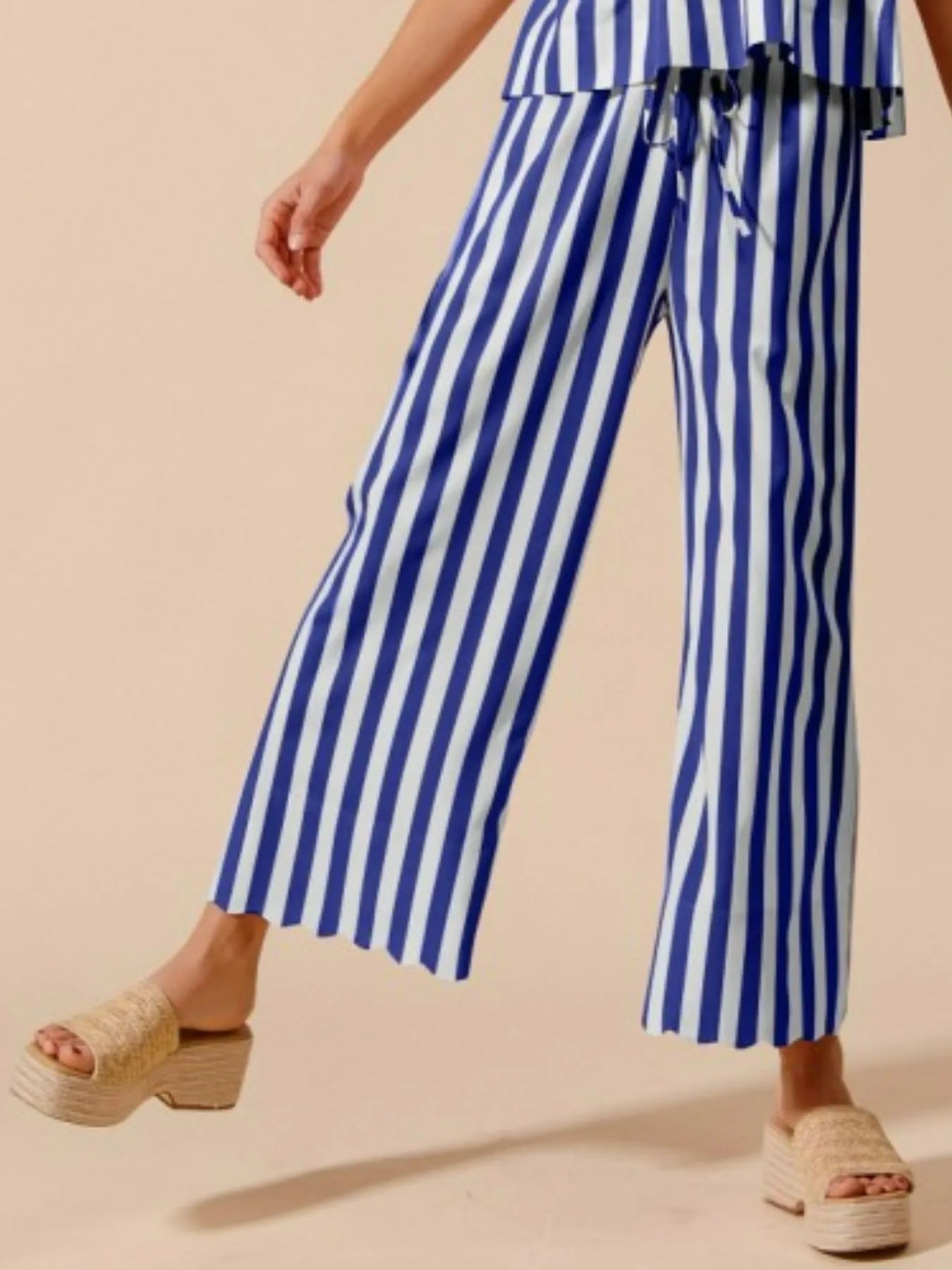 SO ME Front Tie Stripe Puff Sleeves Top and Wide Leg Pants Set - Jennie Dots