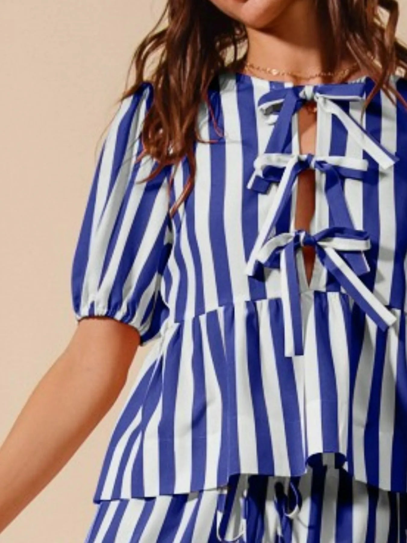 SO ME Front Tie Stripe Puff Sleeves Top and Wide Leg Pants Set - Jennie Dots
