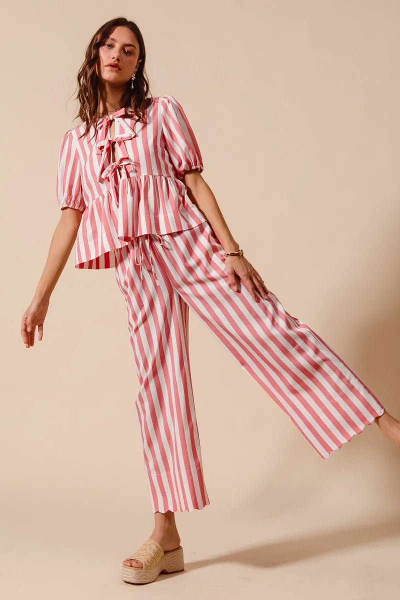 SO ME Front Tie Stripe Top With Puff Sleeves and Wide Leg Pants Set - Jennie Dots