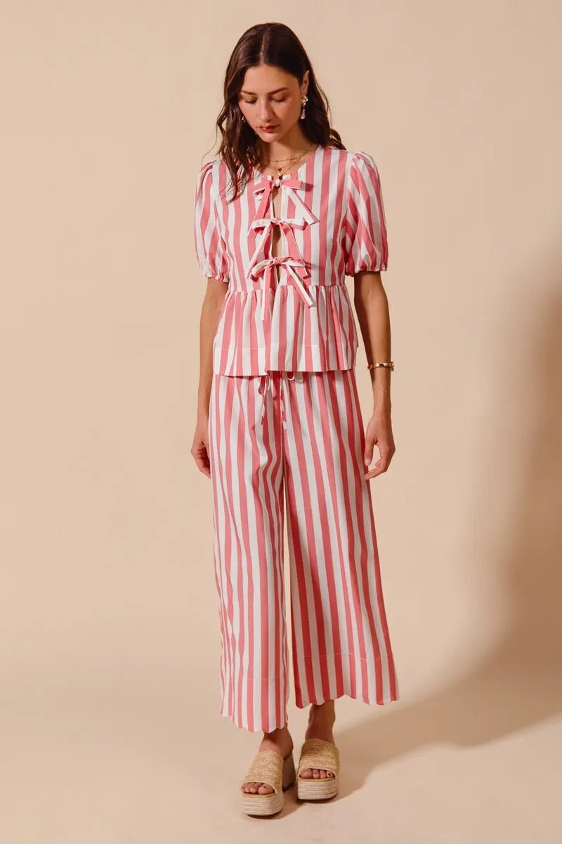 SO ME Front Tie Stripe Top With Puff Sleeves and Wide Leg Pants Set - Jennie Dots
