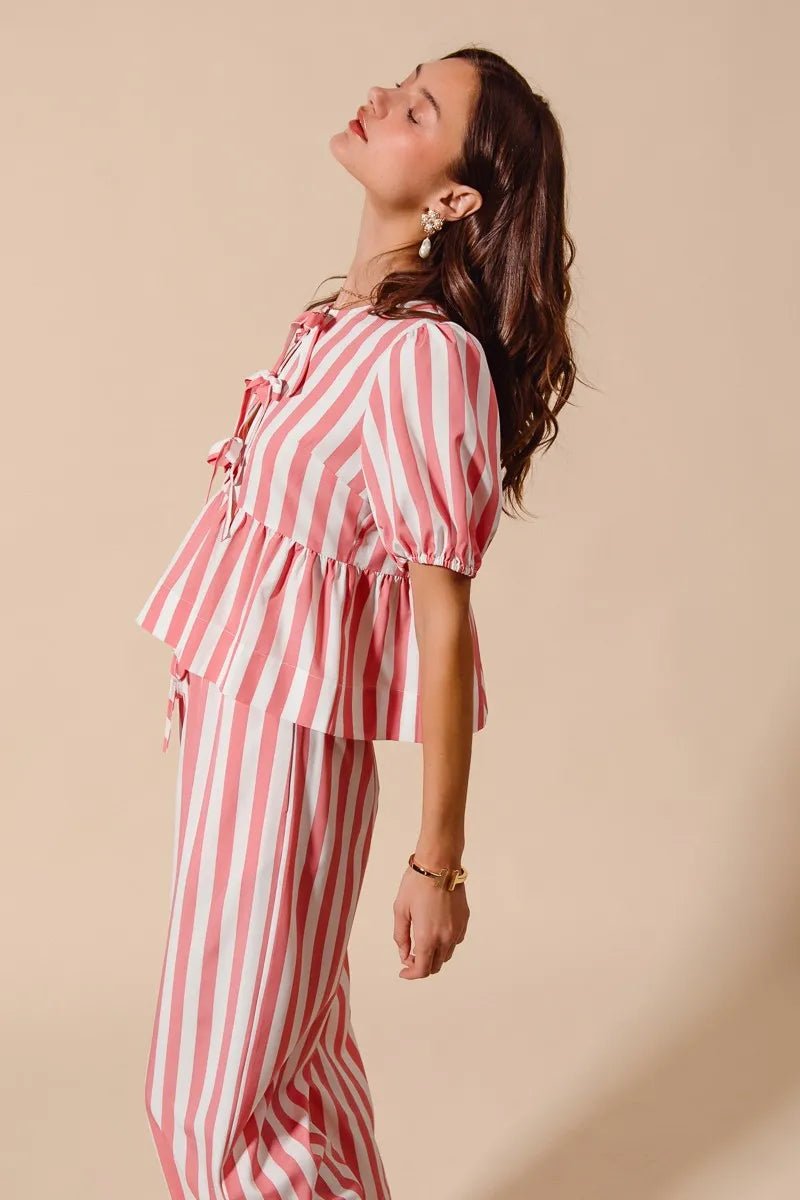 SO ME Front Tie Stripe Top With Puff Sleeves and Wide Leg Pants Set - Jennie Dots