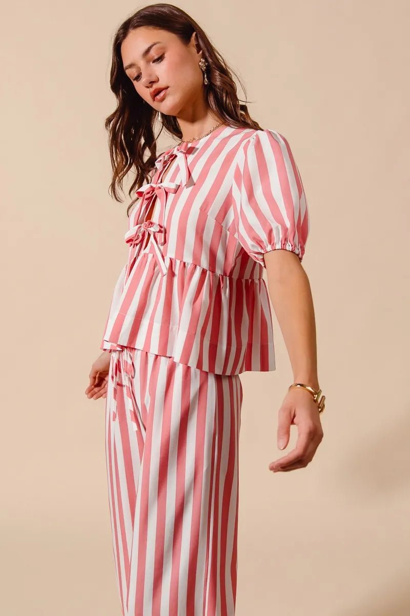 SO ME Front Tie Stripe Top With Puff Sleeves and Wide Leg Pants Set - Jennie Dots
