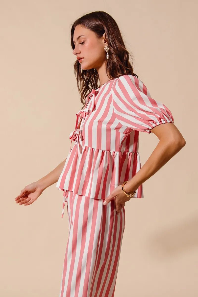 SO ME Front Tie Stripe Top With Puff Sleeves and Wide Leg Pants Set - Jennie Dots