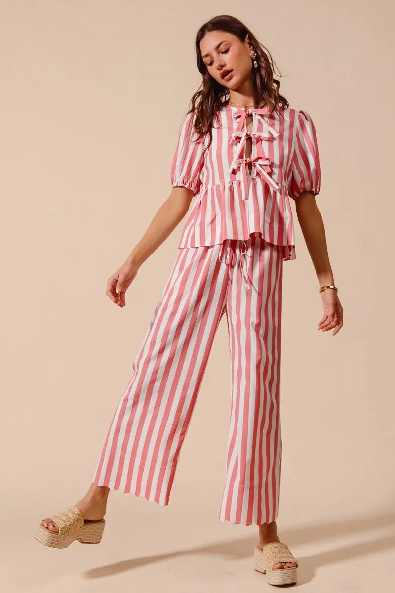 SO ME Front Tie Stripe Top With Puff Sleeves and Wide Leg Pants Set - Jennie Dots