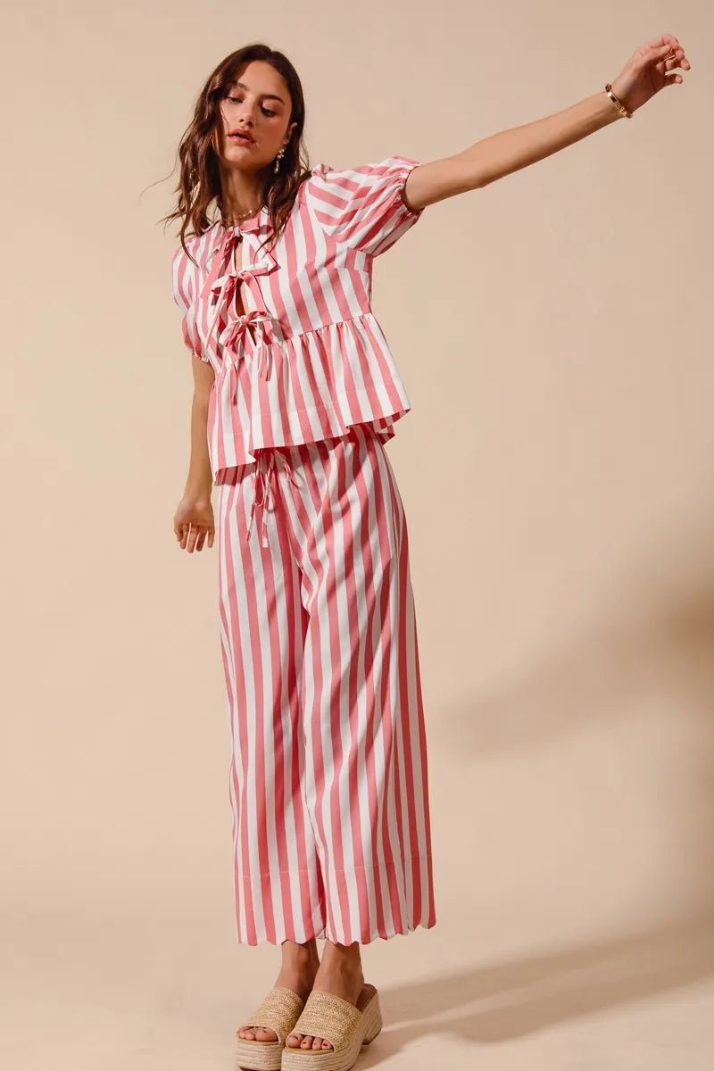 SO ME Front Tie Stripe Top With Puff Sleeves and Wide Leg Pants Set - Jennie Dots