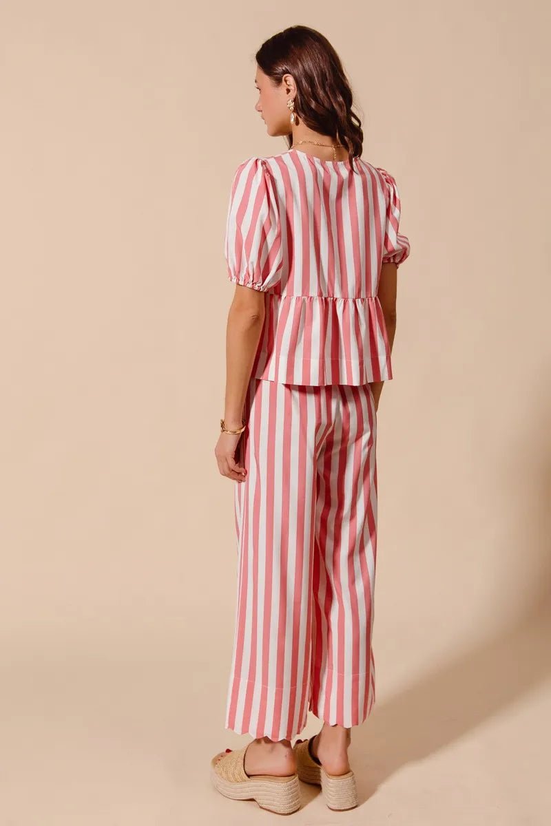 SO ME Front Tie Stripe Top With Puff Sleeves and Wide Leg Pants Set - Jennie Dots