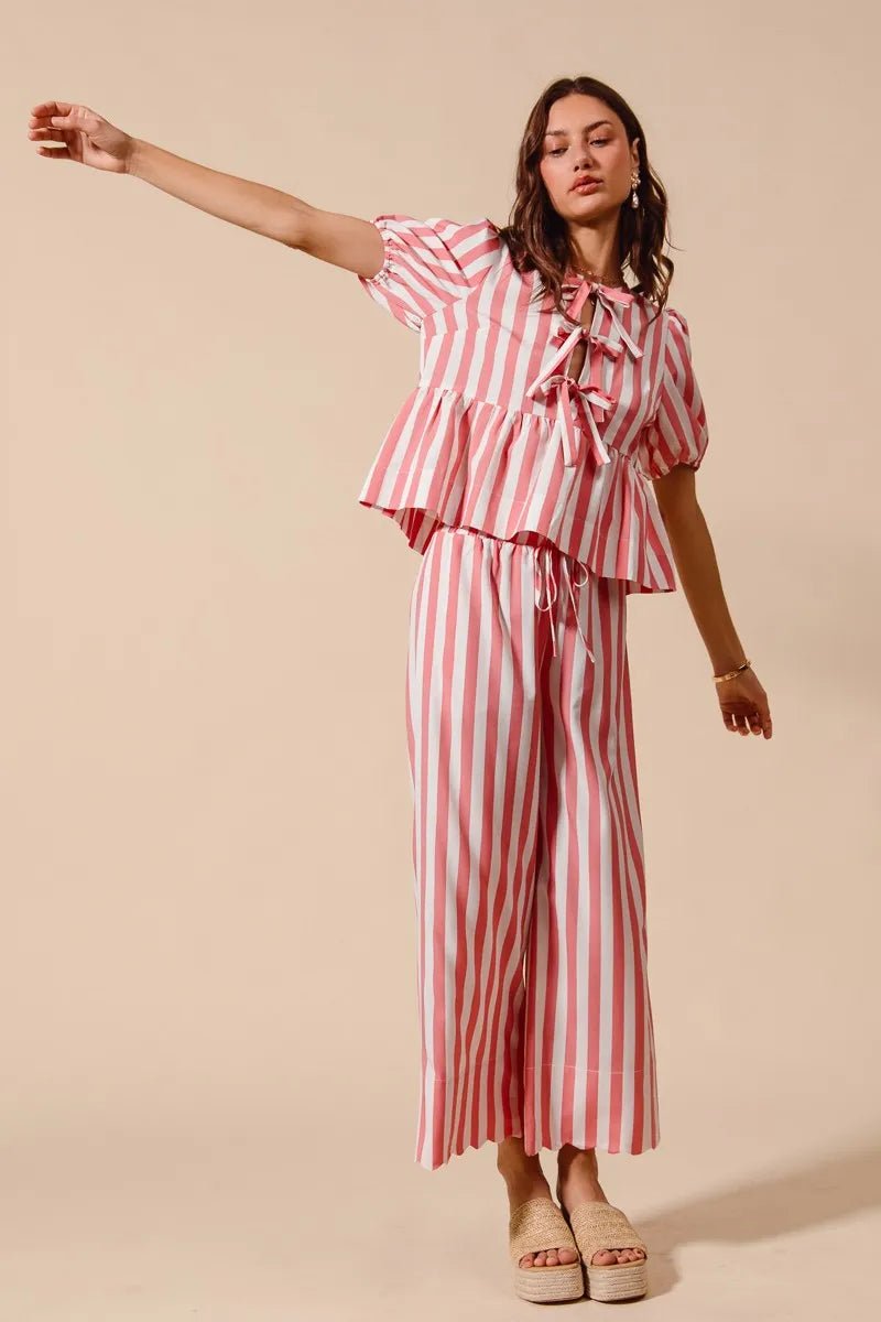 SO ME Front Tie Stripe Top With Puff Sleeves and Wide Leg Pants Set - Jennie Dots