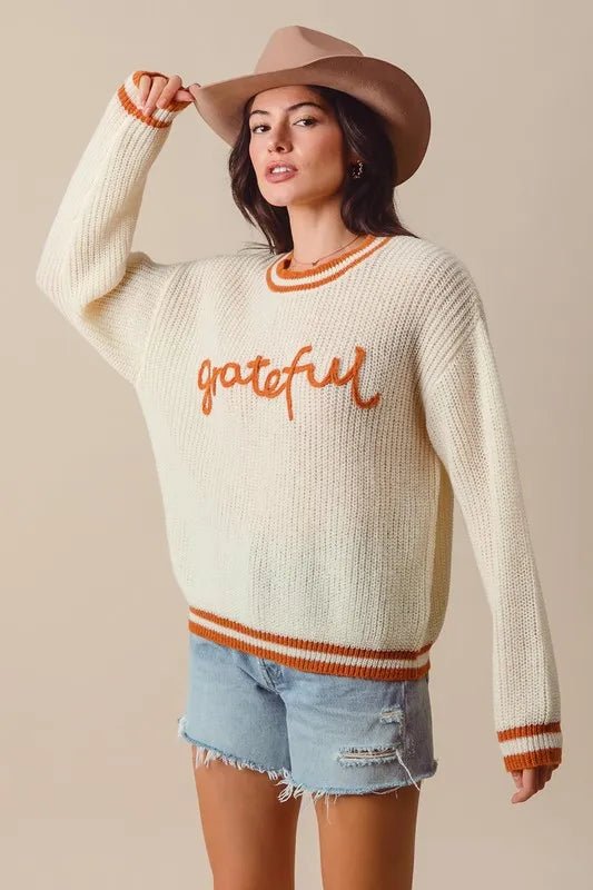 SO ME Thanksgiving Grateful Lettering Stitch Sweater - Jennie Dots