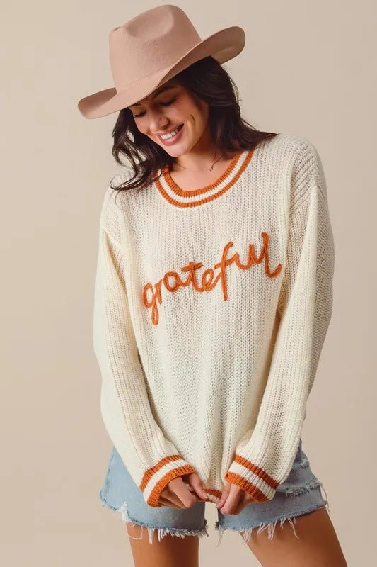 SO ME Thanksgiving Grateful Lettering Stitch Sweater - Jennie Dots