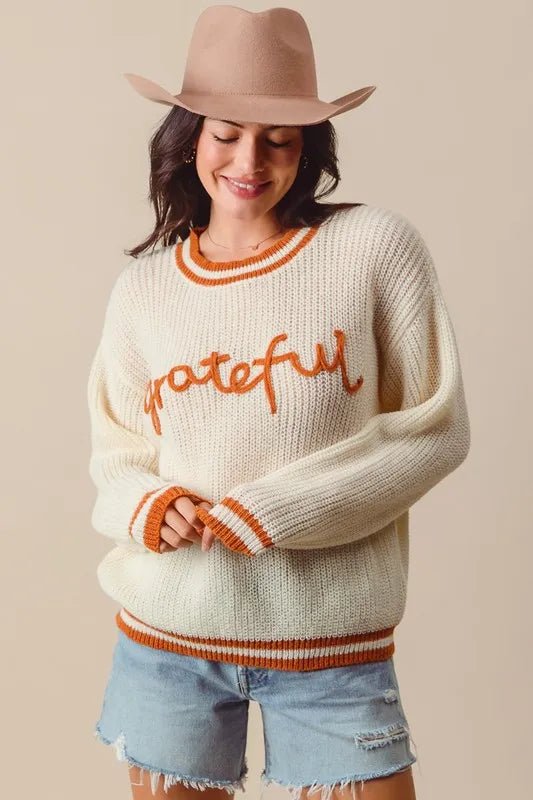 SO ME Thanksgiving Grateful Lettering Stitch Sweater - Jennie Dots