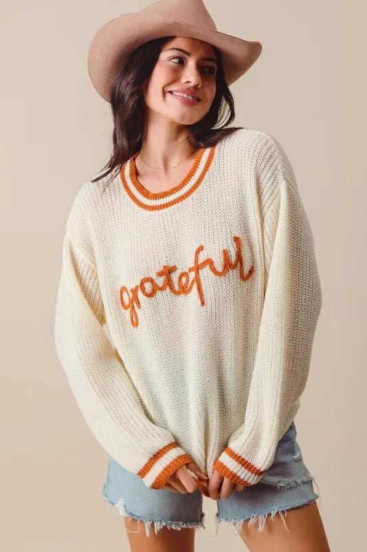SO ME Thanksgiving Grateful Lettering Stitch Sweater - Jennie Dots