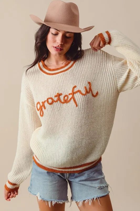 SO ME Thanksgiving Grateful Lettering Stitch Sweater - Jennie Dots