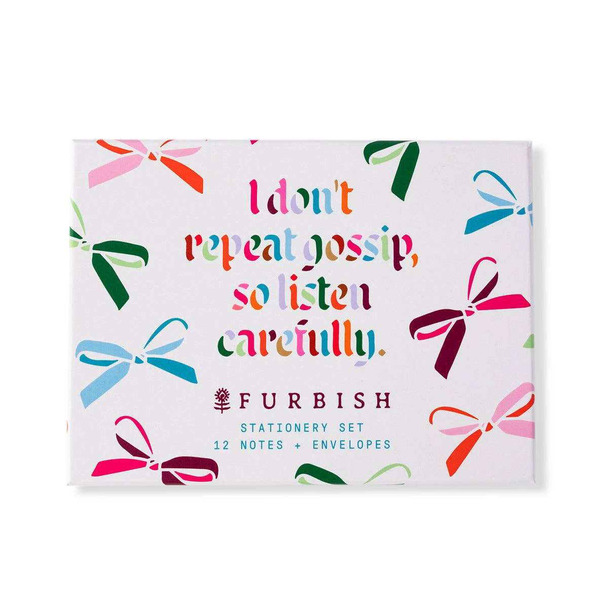 Stationery “I Don’t Repeat Gossip” set with colorful bows and matching box.